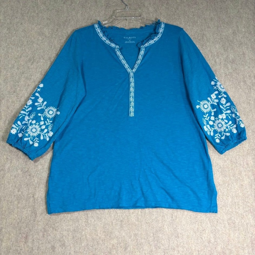 Talbots Top Womens MP Blue Cotton Boho Embroidered Split Neck 3/4 Sleeve Coastal